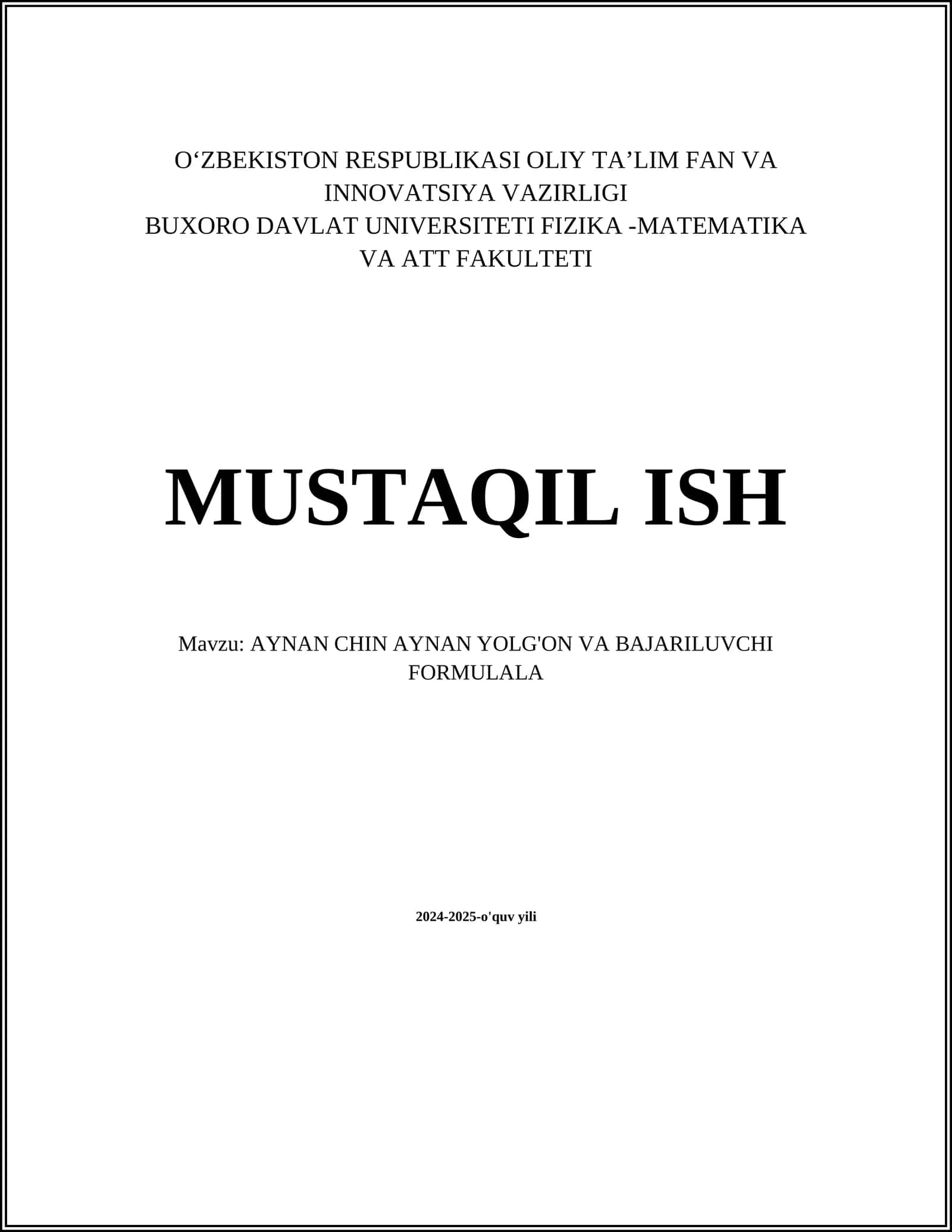 AYNAN CHIN AYNAN YOLG'ON VA BAJARILUVCHI FORMULALA 1