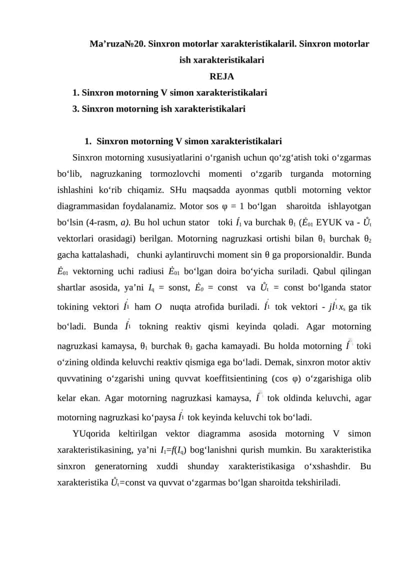 Ma’ruza№20. Sinxron motorlar xarakteristikalaril 1