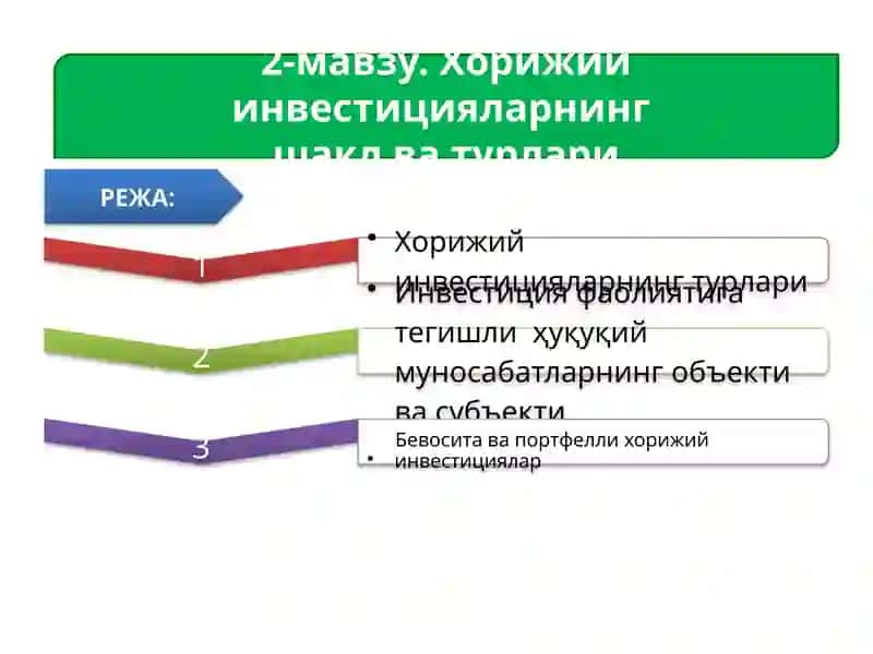 Хорижий инвестицияларнинг шакл ва турлари