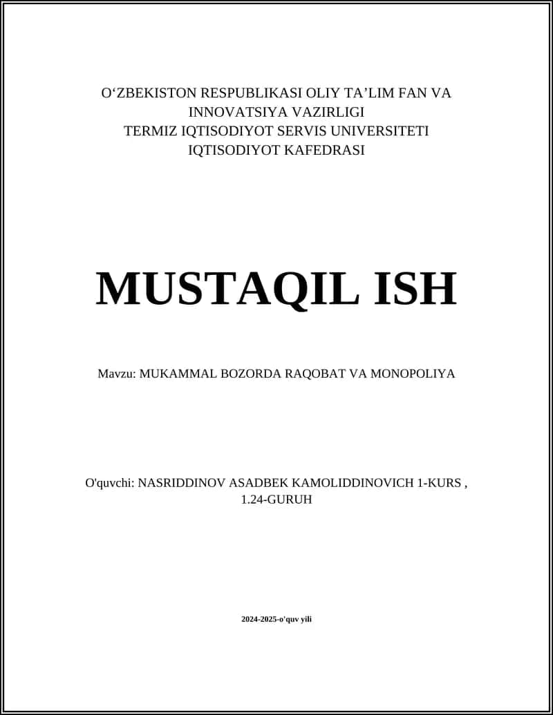 Mukammal Bozorda Raqobat va Monopoliya 1