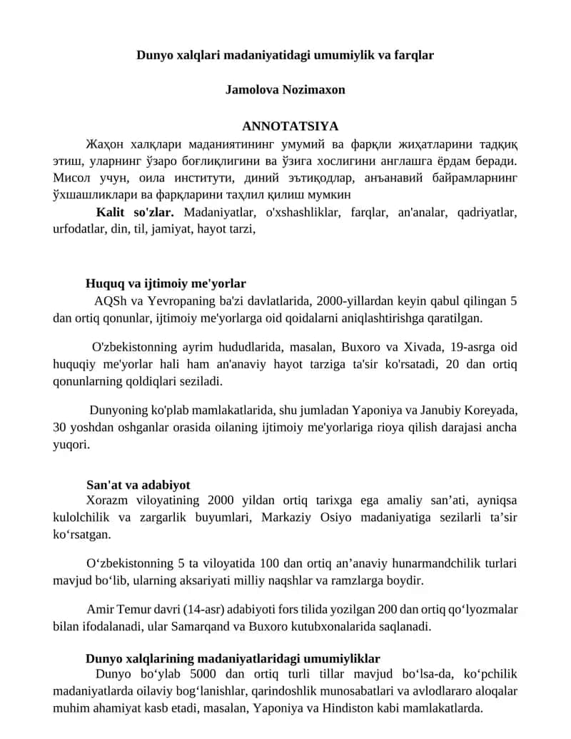 Dunyo xalqlari madaniyatidagi umumiylik va farqlar 1