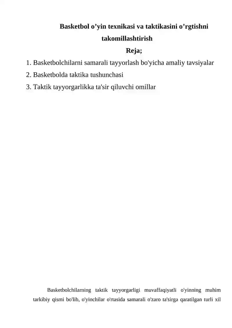 Basketbol o’yin texnikasi va taktikasini o’rgtishni takomillashtirish