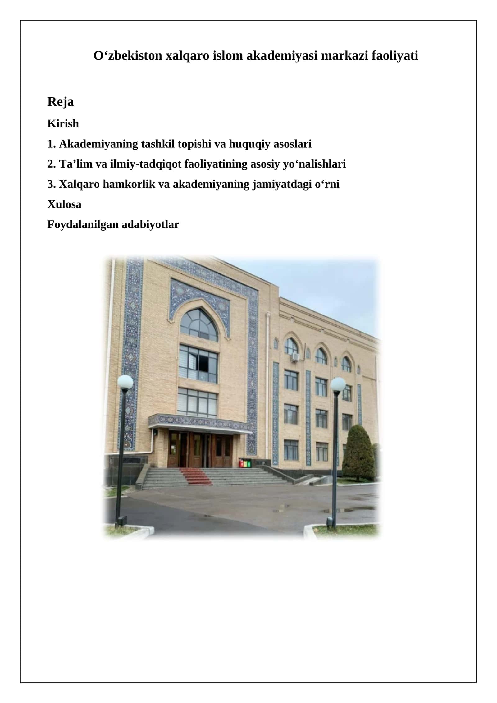 O‘zbekiston xalqaro islom akademiyasi markazi faoliyati 1