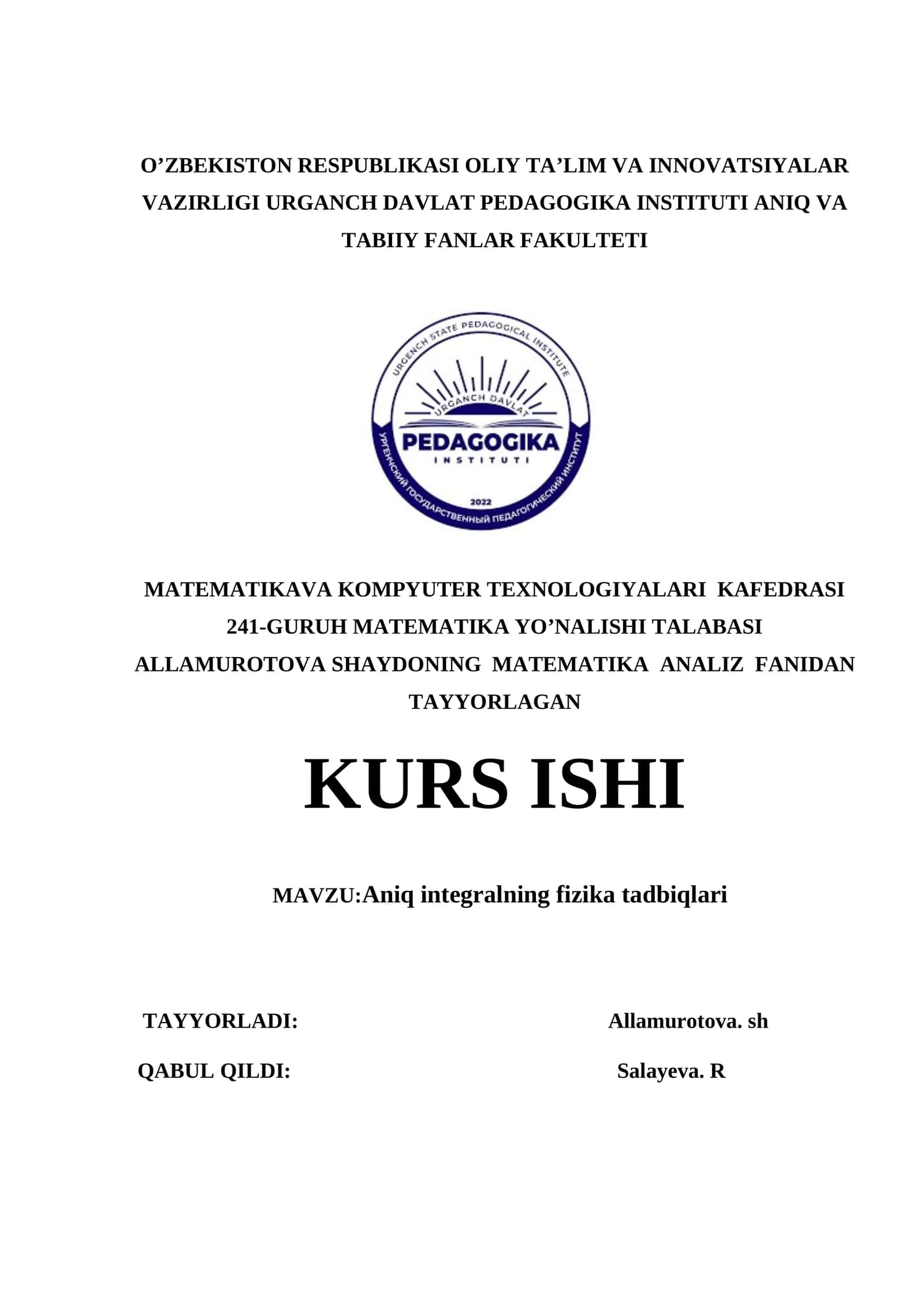 Aniq integralning fizika tadbiqlari 1