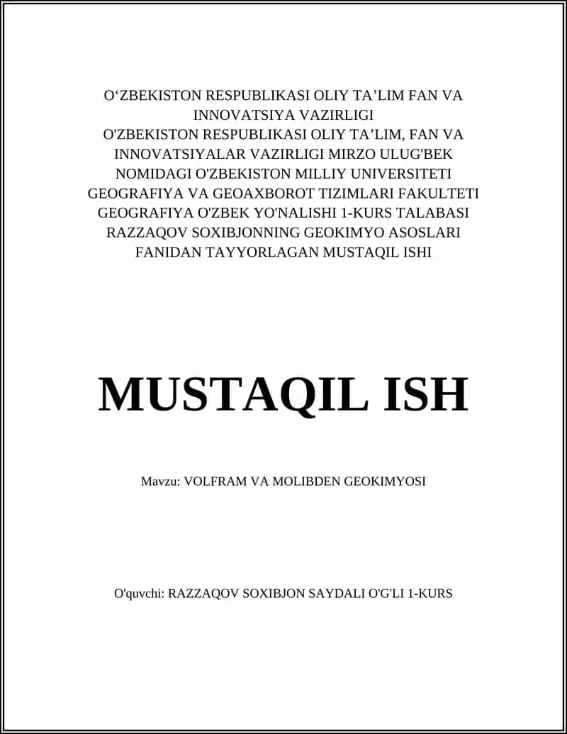 VOLFRAM VA MOLIBDEN GEOKIMYOSI 1