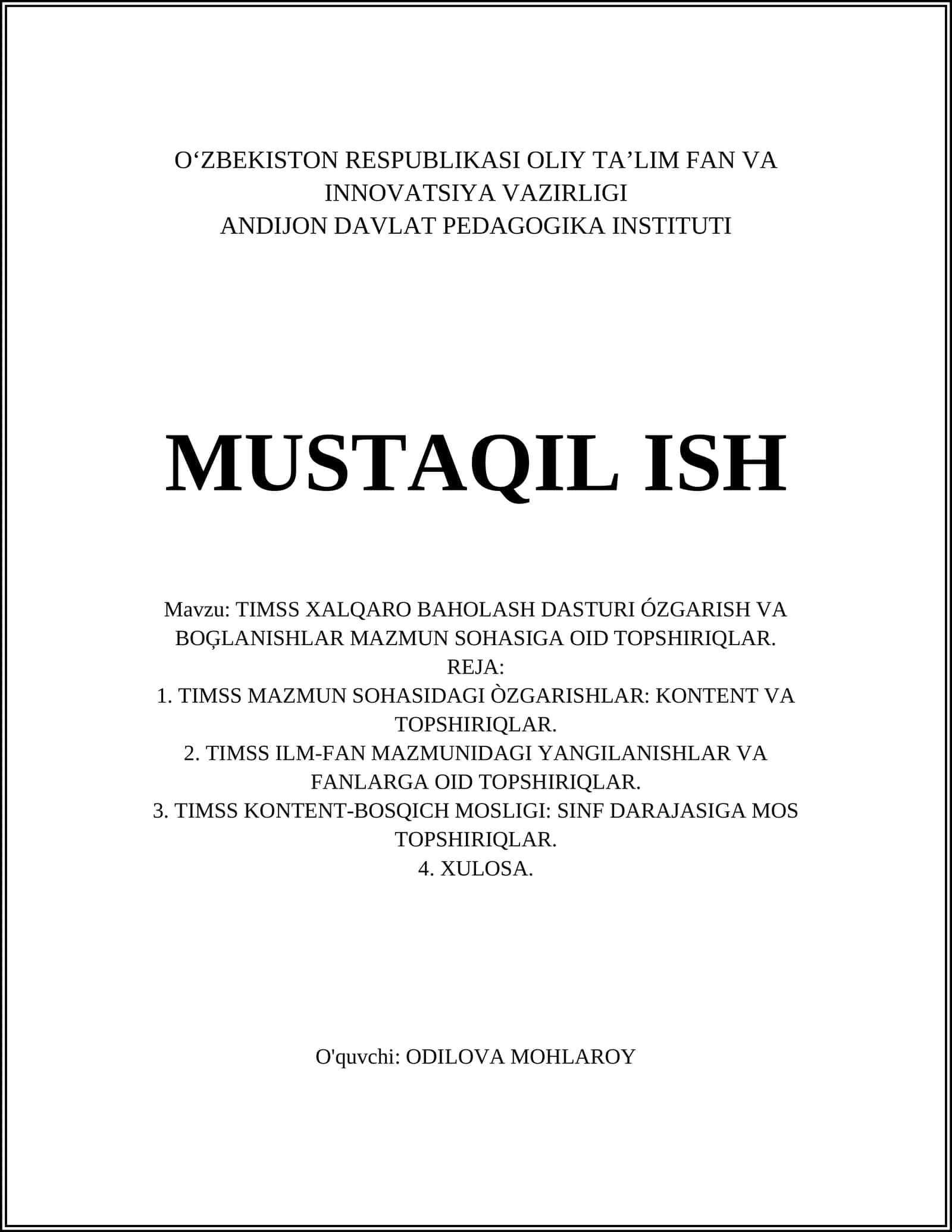 TIMSS XALQARO BAHOLASH DASTURI ÓZGARISH VA BOĢLANISHLAR MAZMUN SOHASIGA OID TOPSHIRIQLAR 1