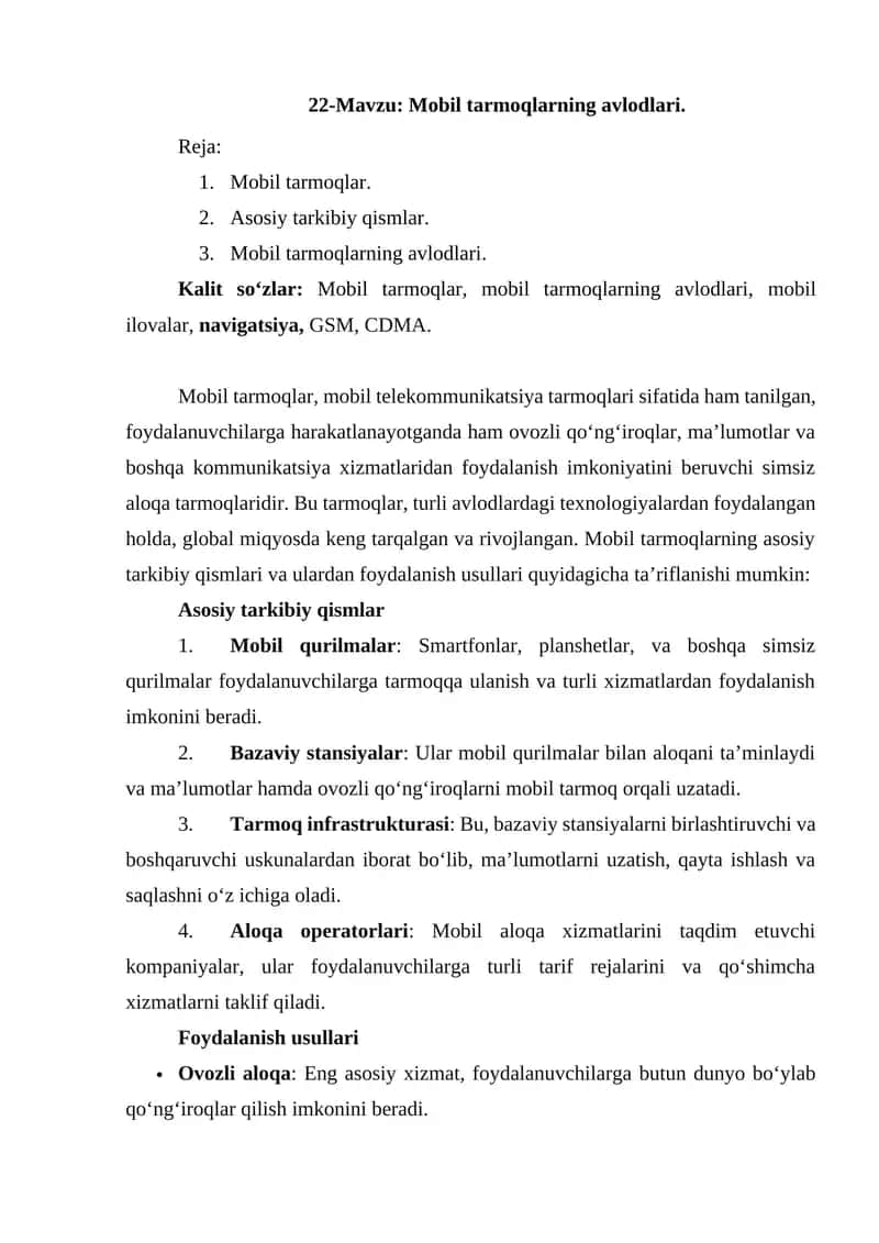 Mobil tarmoqlarning avlodlari 1