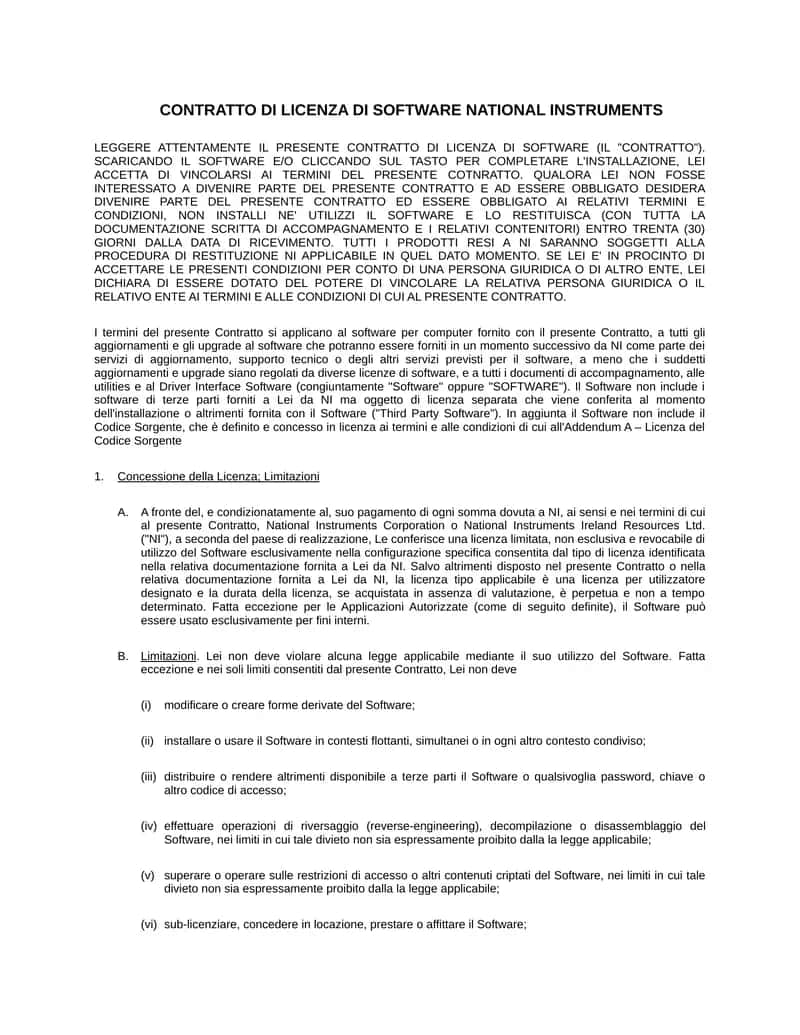 CONTRATTO DI LICENZA DI SOFTWARE NATIONAL INSTRUMENTS 1