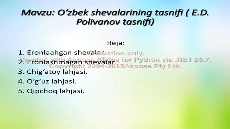 O‘zbek shevalarining tasnifi (E.D. Polivanov tasnifi) 1