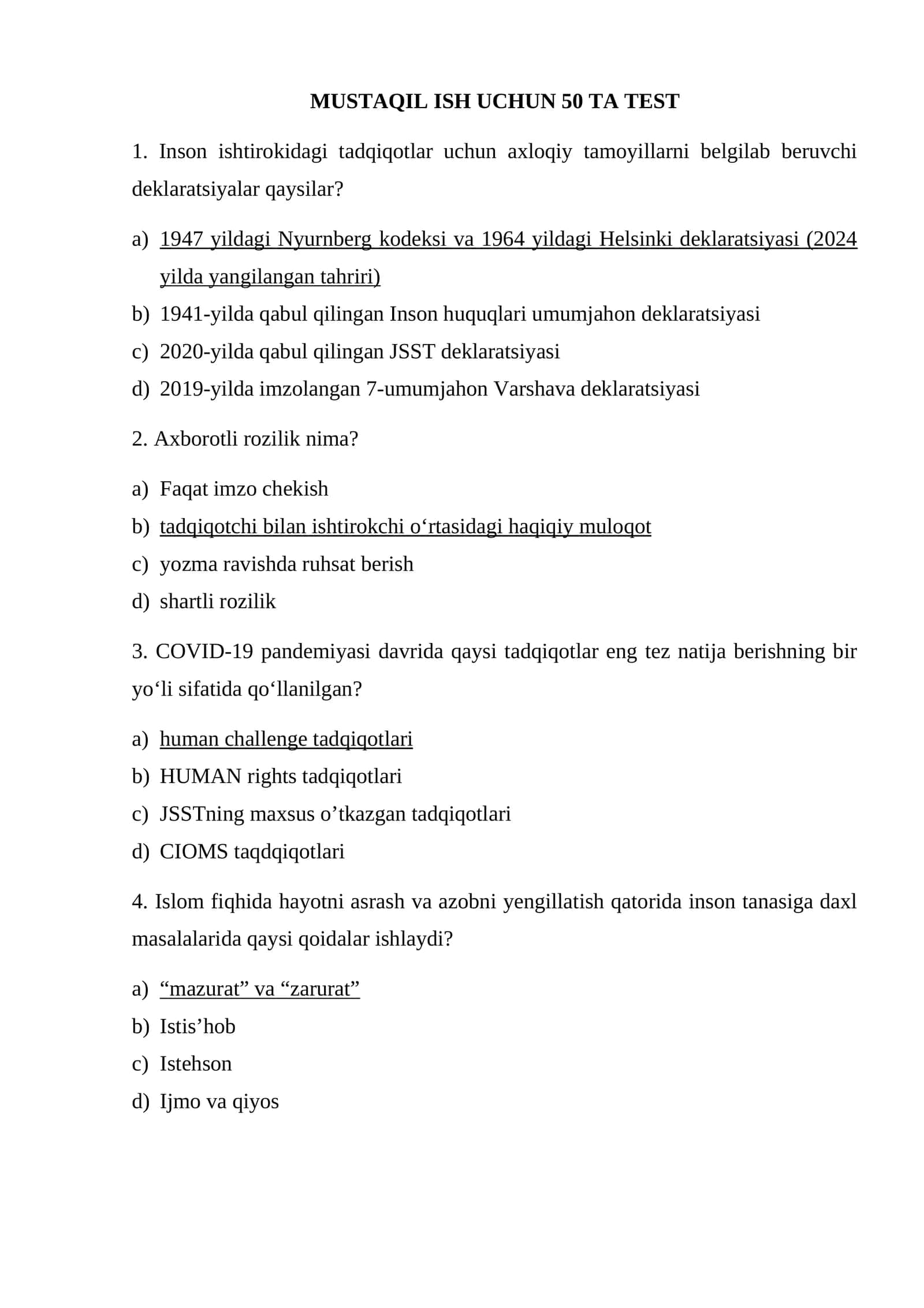 MUSTAQIL ISH UCHUN 50 TA TEST 1