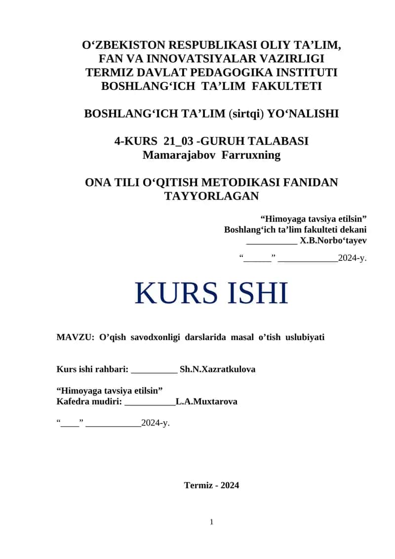O’qish savodxonligi darslarida masal o’tish uslubiyati 1