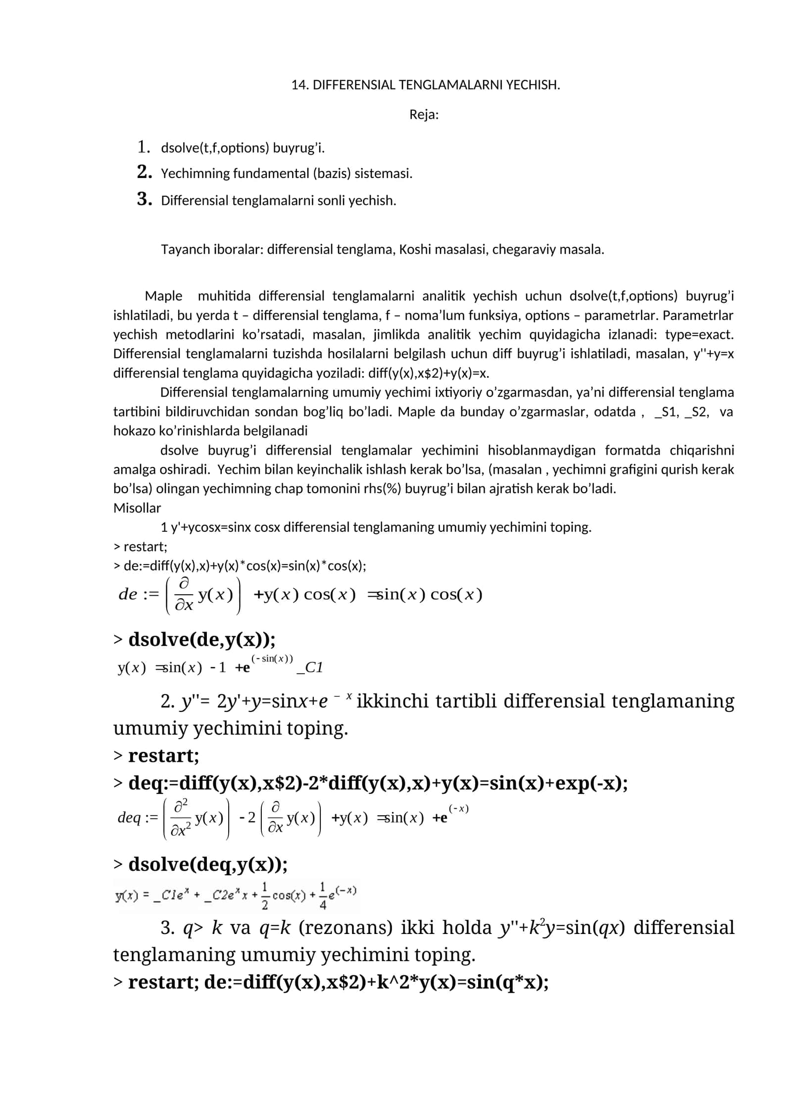 DIFFERENSIAL TENGLAMALARNI YECHISH 1