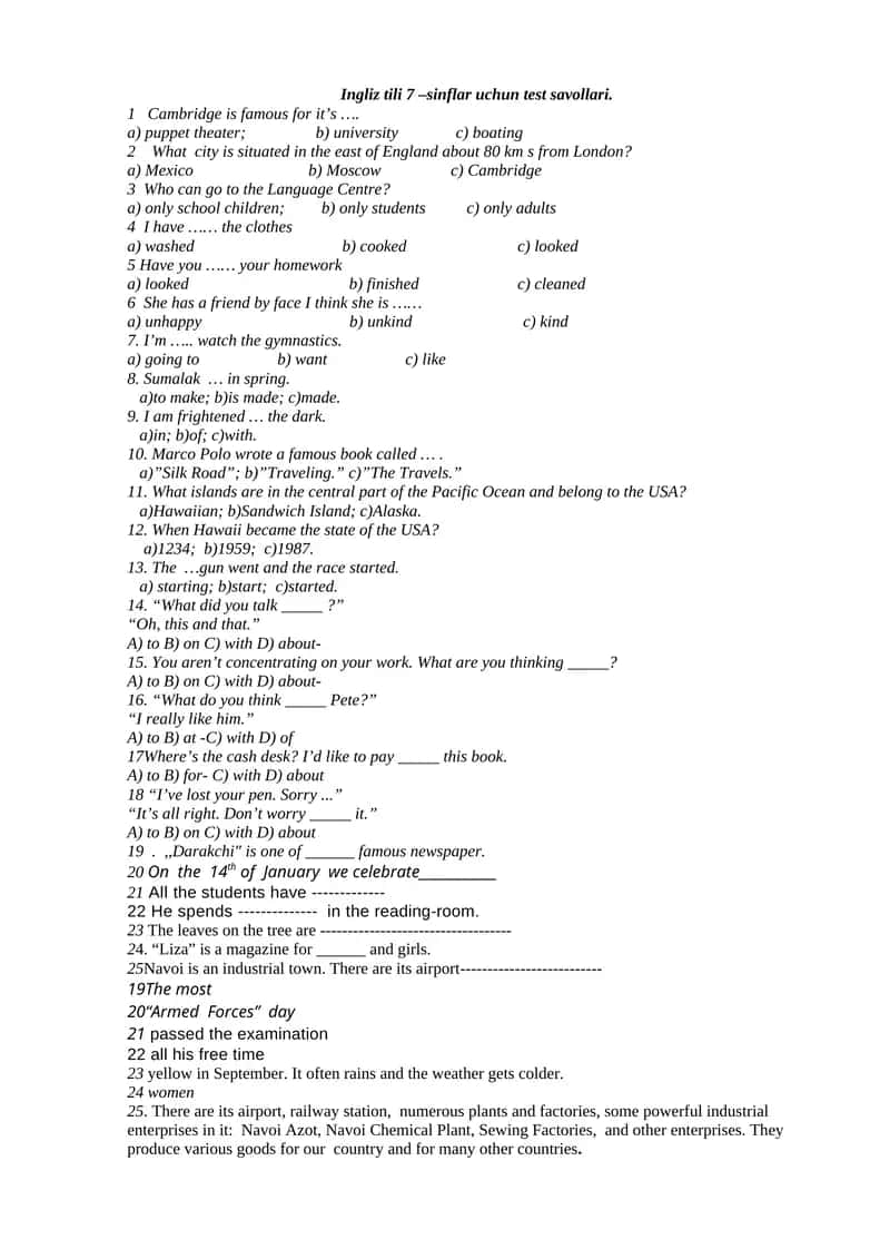 Ingliz tili 7 –sinflar uchun test savollari 1