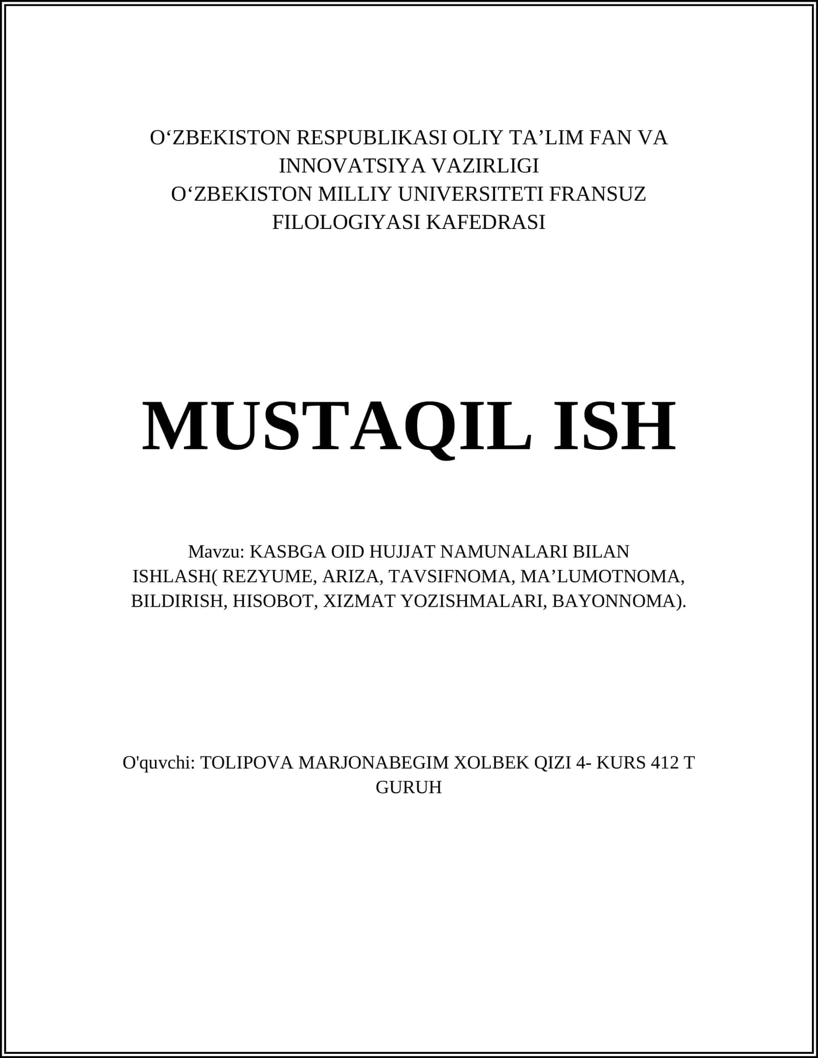 KASBGA OID HUJJAT NAMUNALARI BILAN ISHLASH 1