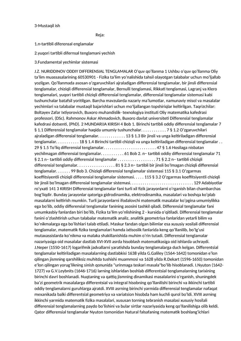 OddiyDifferensial Tenglamalar 1