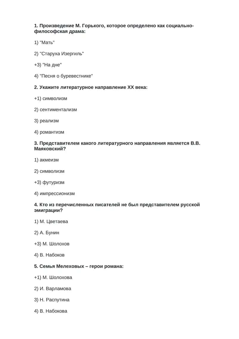 Тест по русской литературе 1