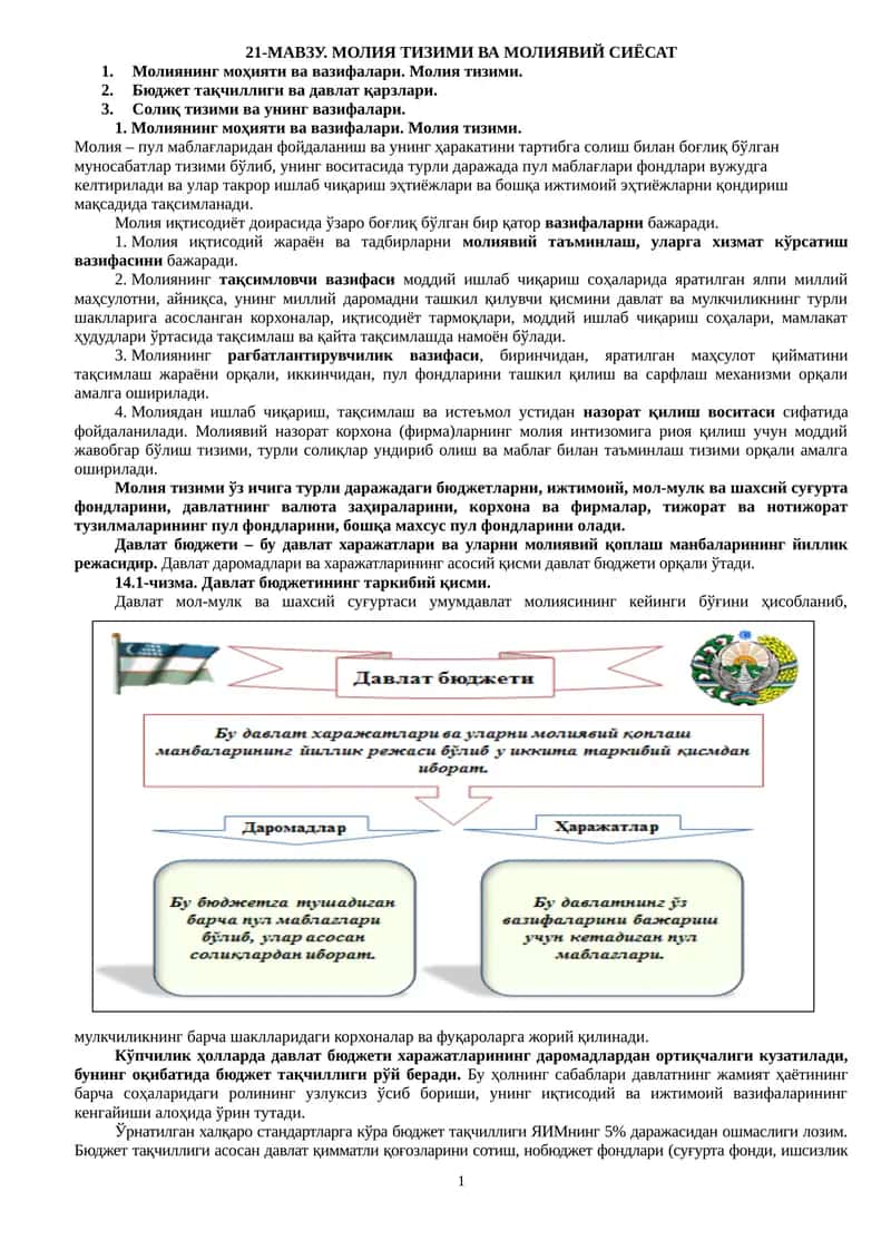 Молия Тизими ва Молиявий Сиёсат 1