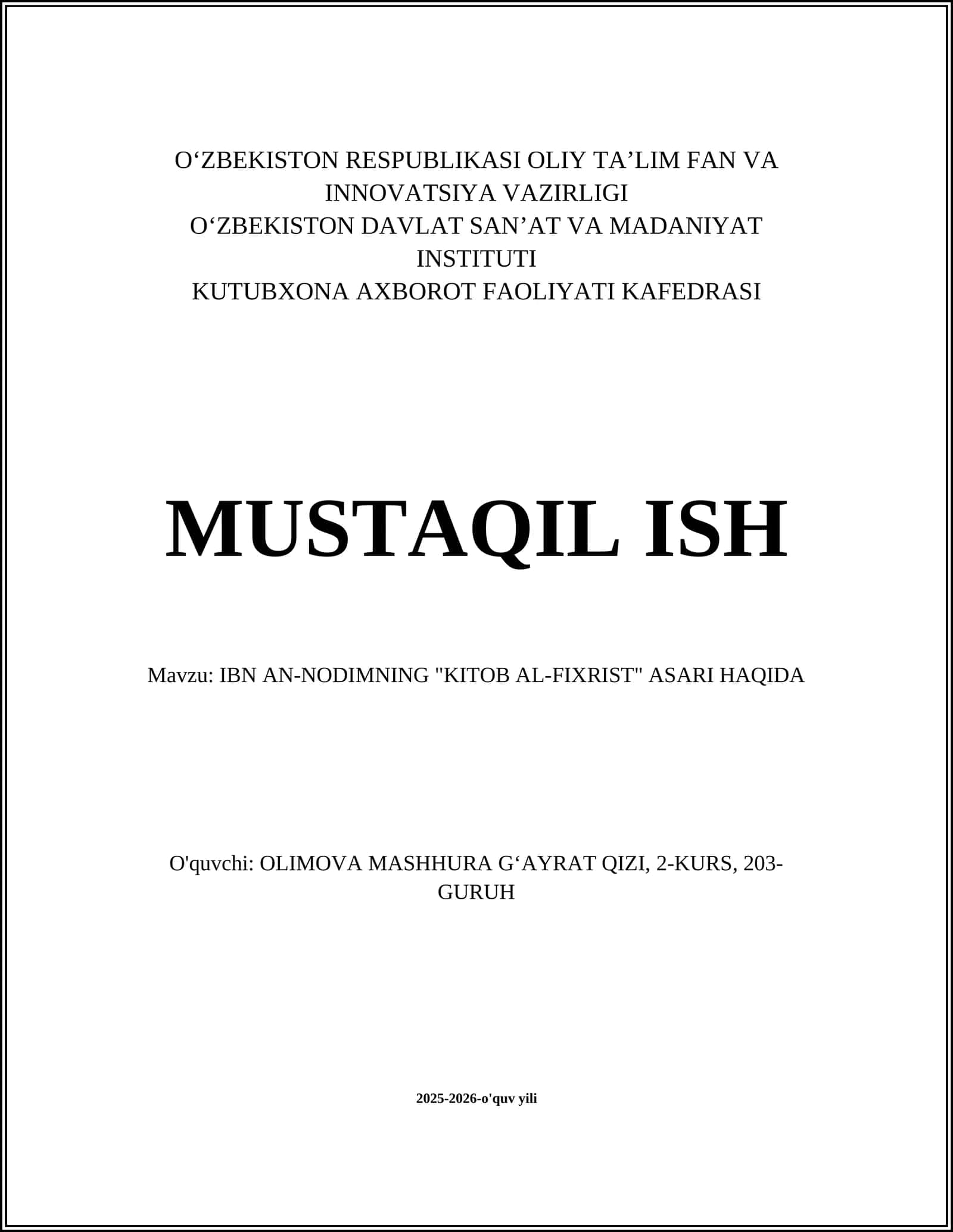 IBN AN-NODIMNING "KITOB AL-FIXRIST" ASARI HAQIDA 1