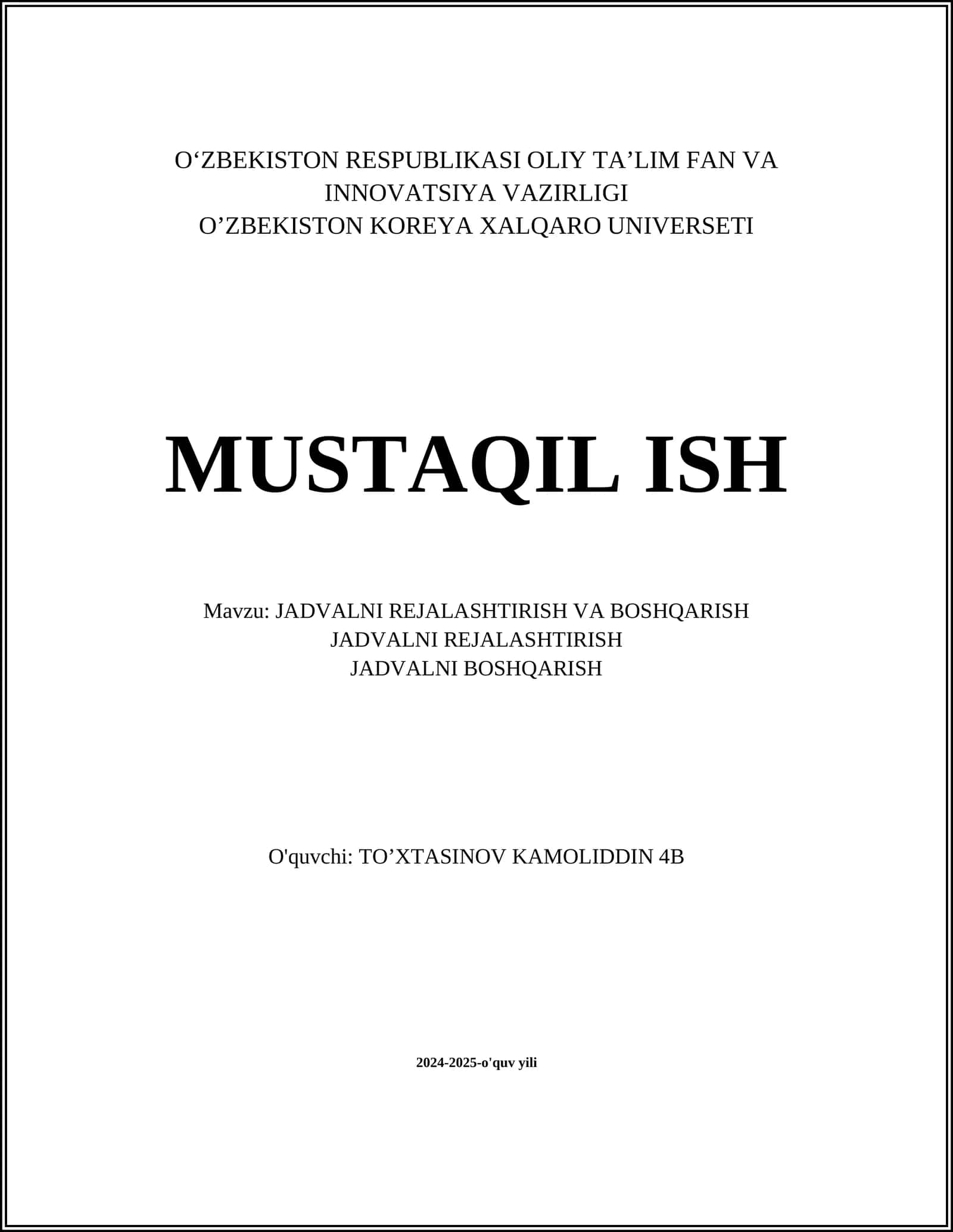 JADVALNI REJALASHTIRISH VA BOSHQARISH 1