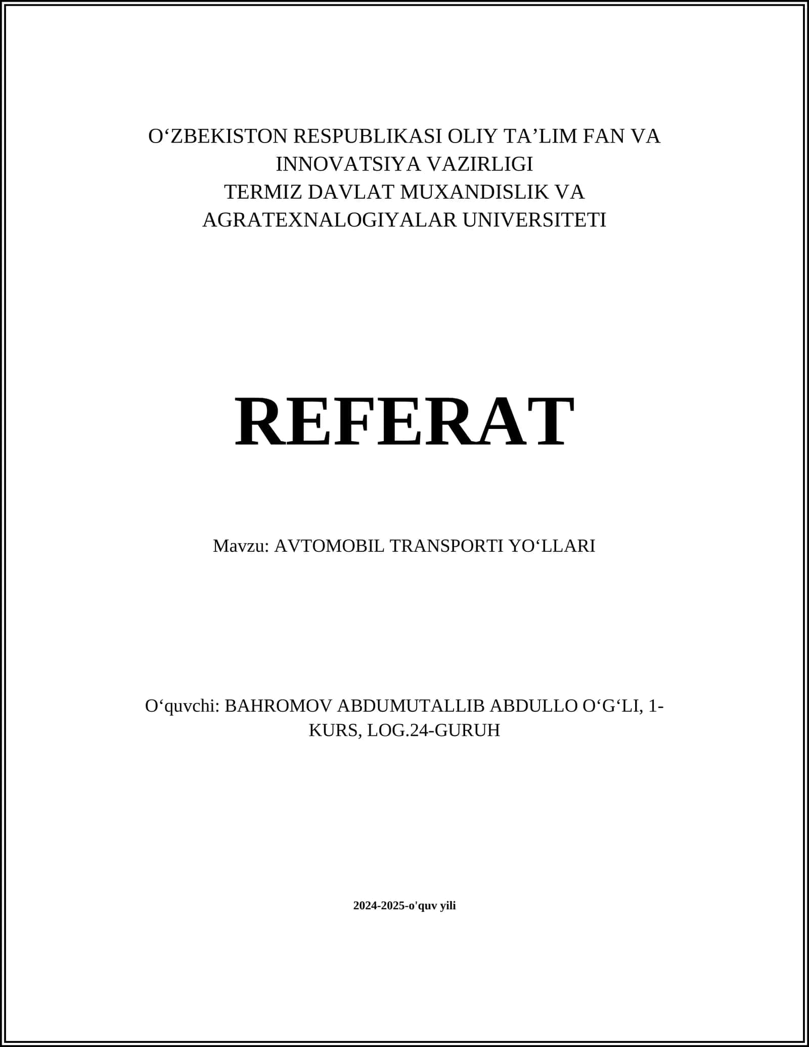 AVTOMOBIL TRANSPORTI YOʻLLARI 1