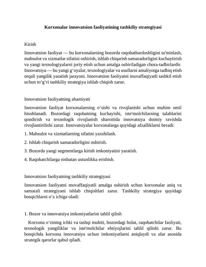 Innovatsion faoliyatning tashkiliy strategiyasi 1