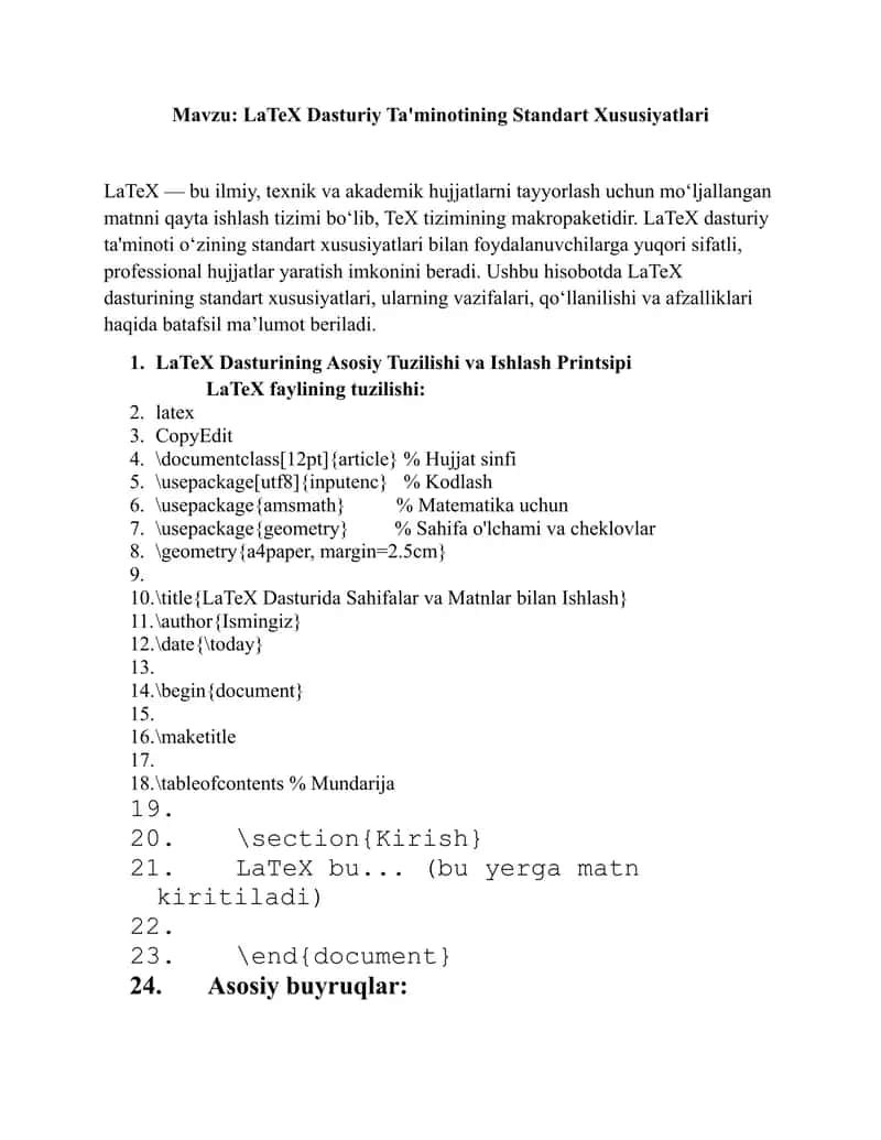 LaTeX Dasturiy Ta'minotining Standart Xususiyatlari 1