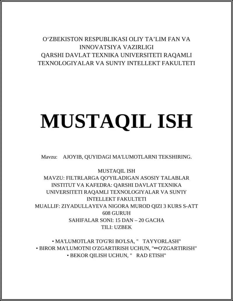 FILTRLARGA QO'YILADIGAN ASOSIY TALABLAR 1