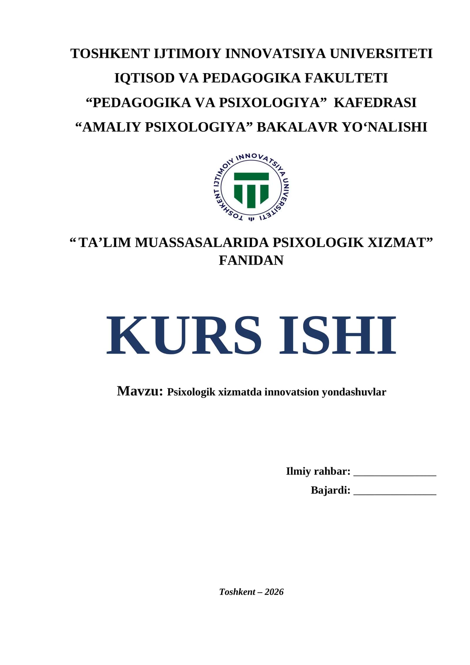 Psixologik xizmatda innovatsion yondashuvlar. 1