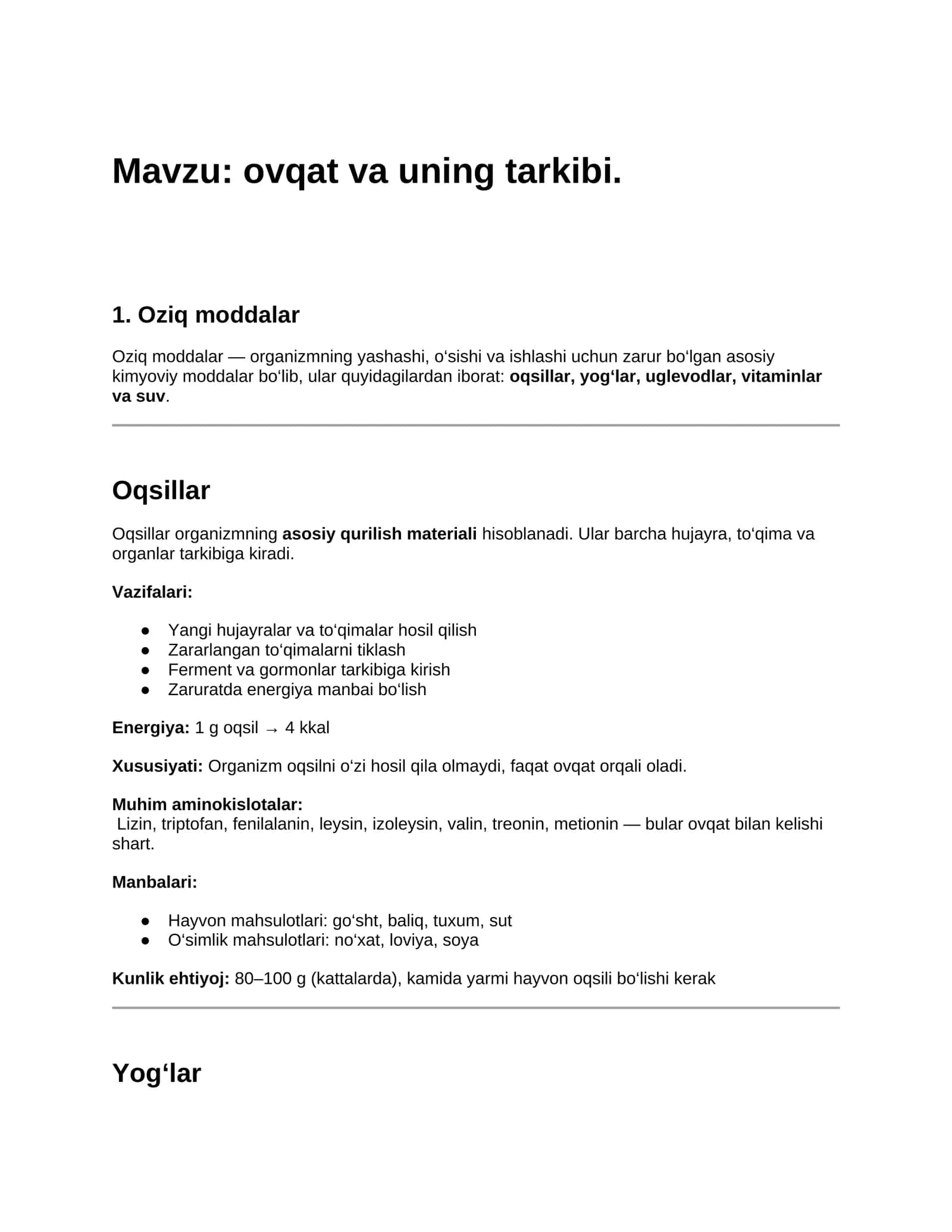 ovqat va uning tarkibi 1