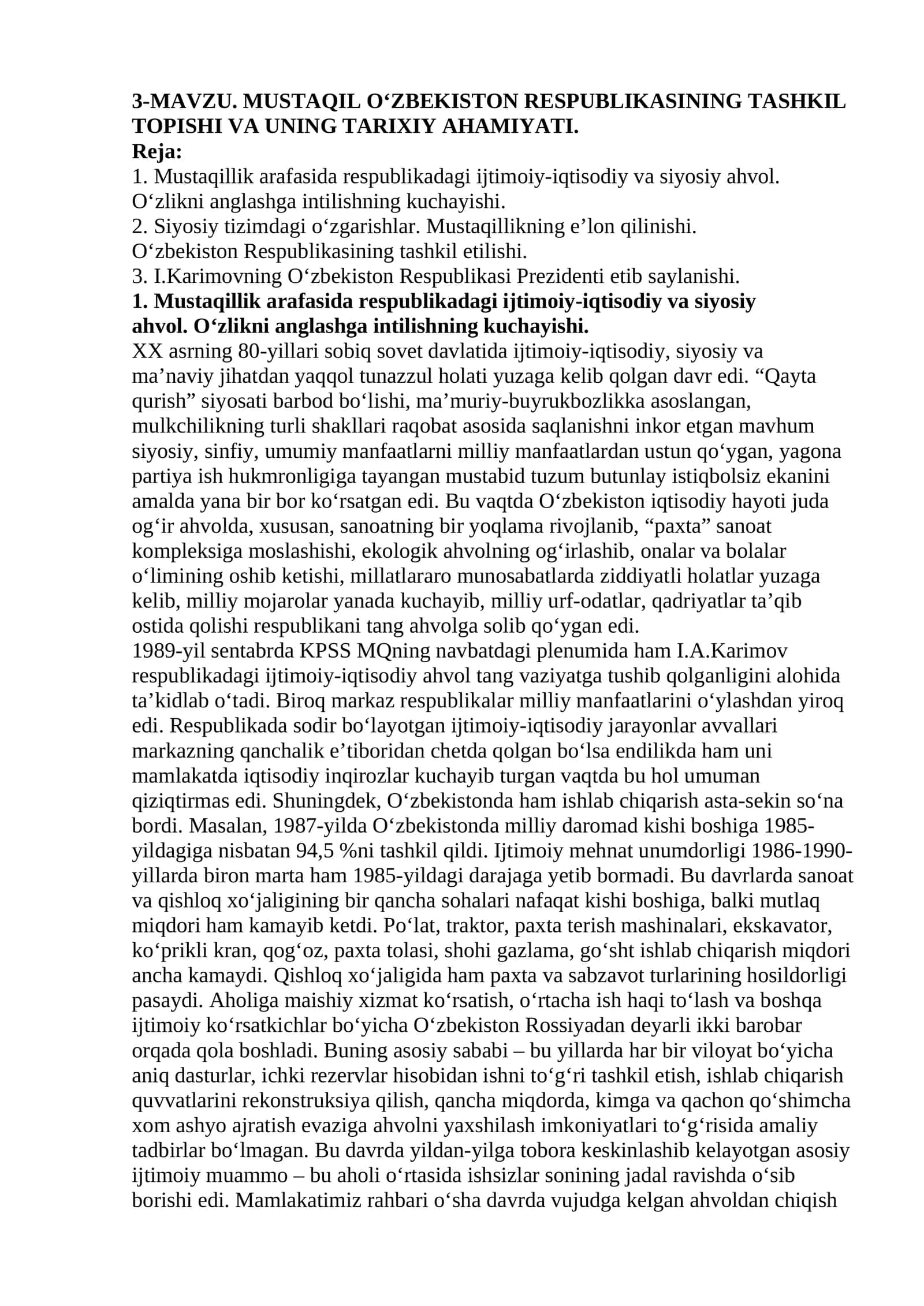 MUSTAQIL O‘ZBEKISTON RESPUBLIKASINING TASHKIL TOPISHI VA UNING TARIXIY AHAMIYATI 1