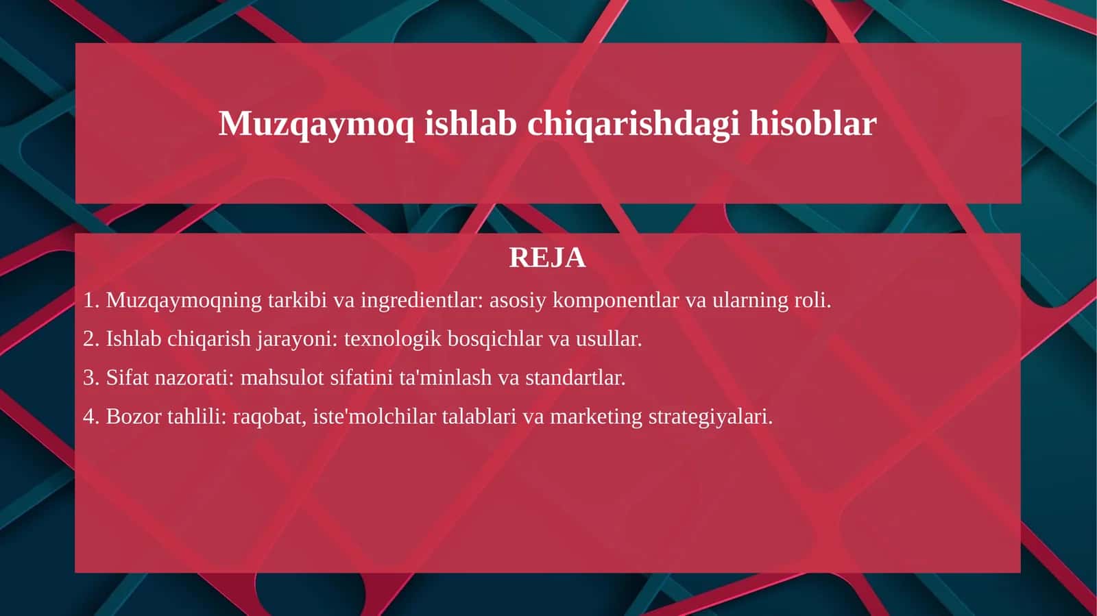 Muzqaymoq ishlab chiqarishdagi hisoblar 1