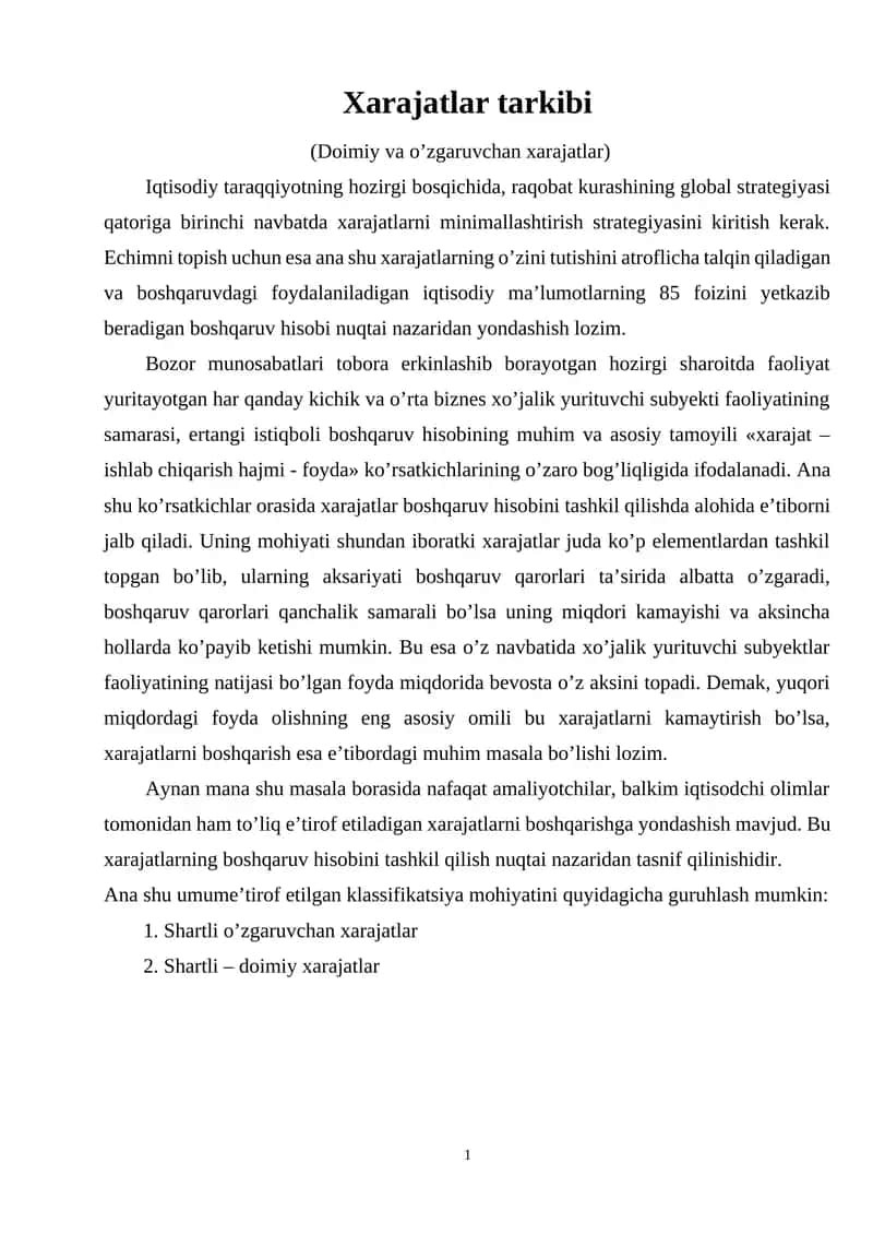 Xarajatlar tarkibi 1