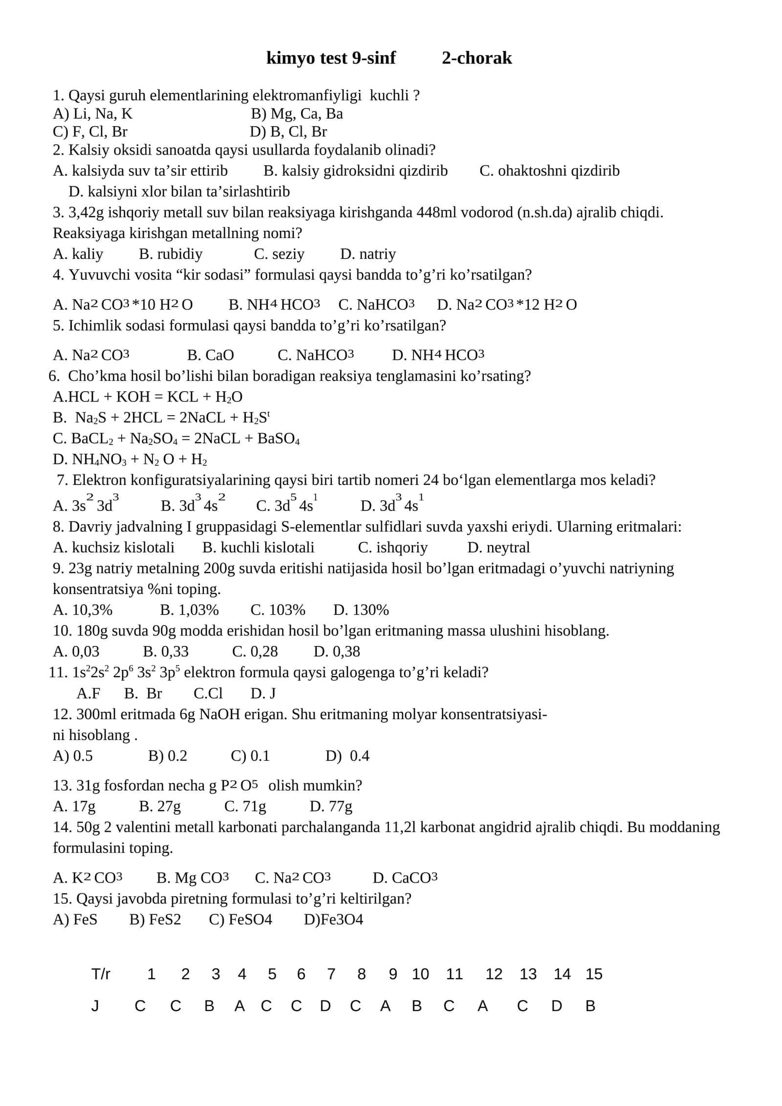 kimyo test 9-sinf 2-chorak 1