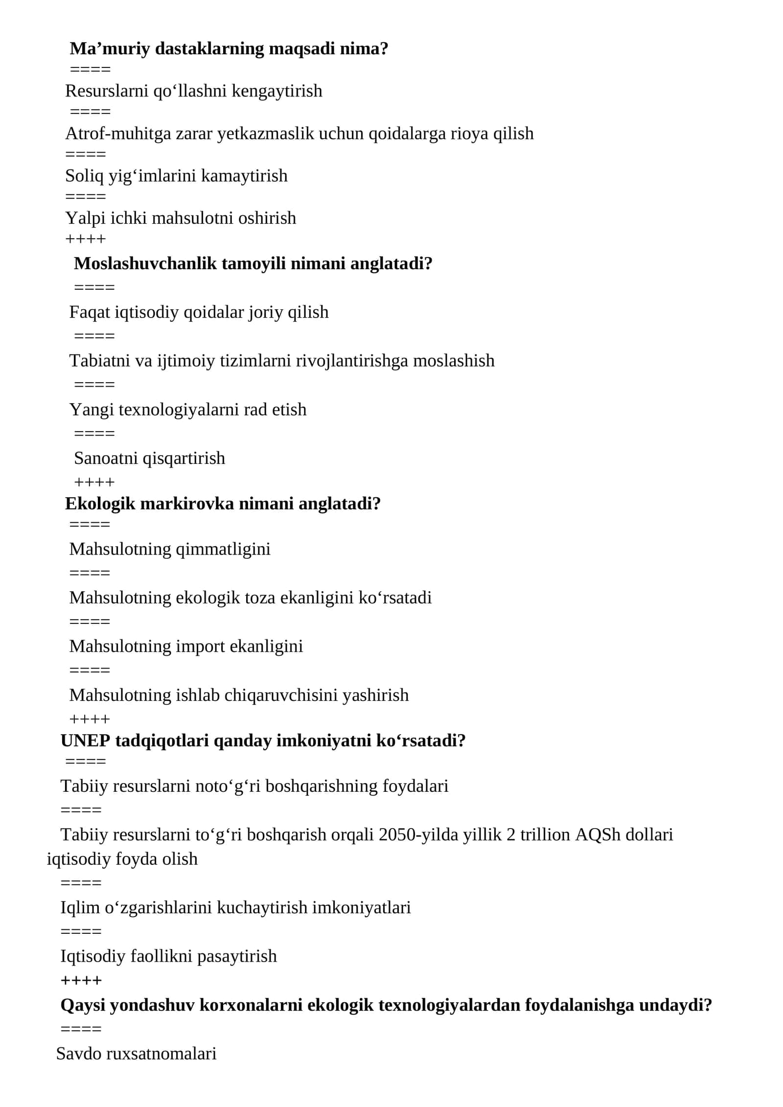 Yashil iqtisodiyot fanidan yakuniy testlar 1