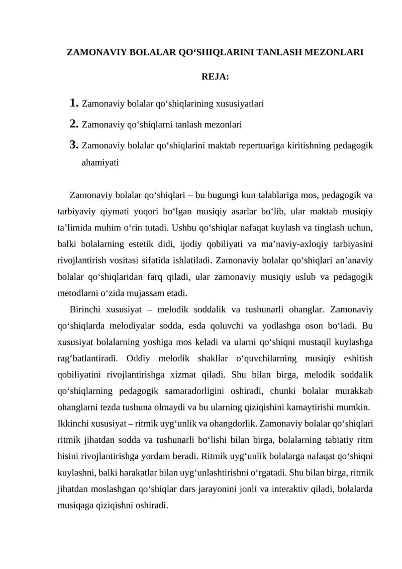 ZAMONAVIY BOLALAR QO‘SHIQLARINI TANLASH MEZONLARI 1