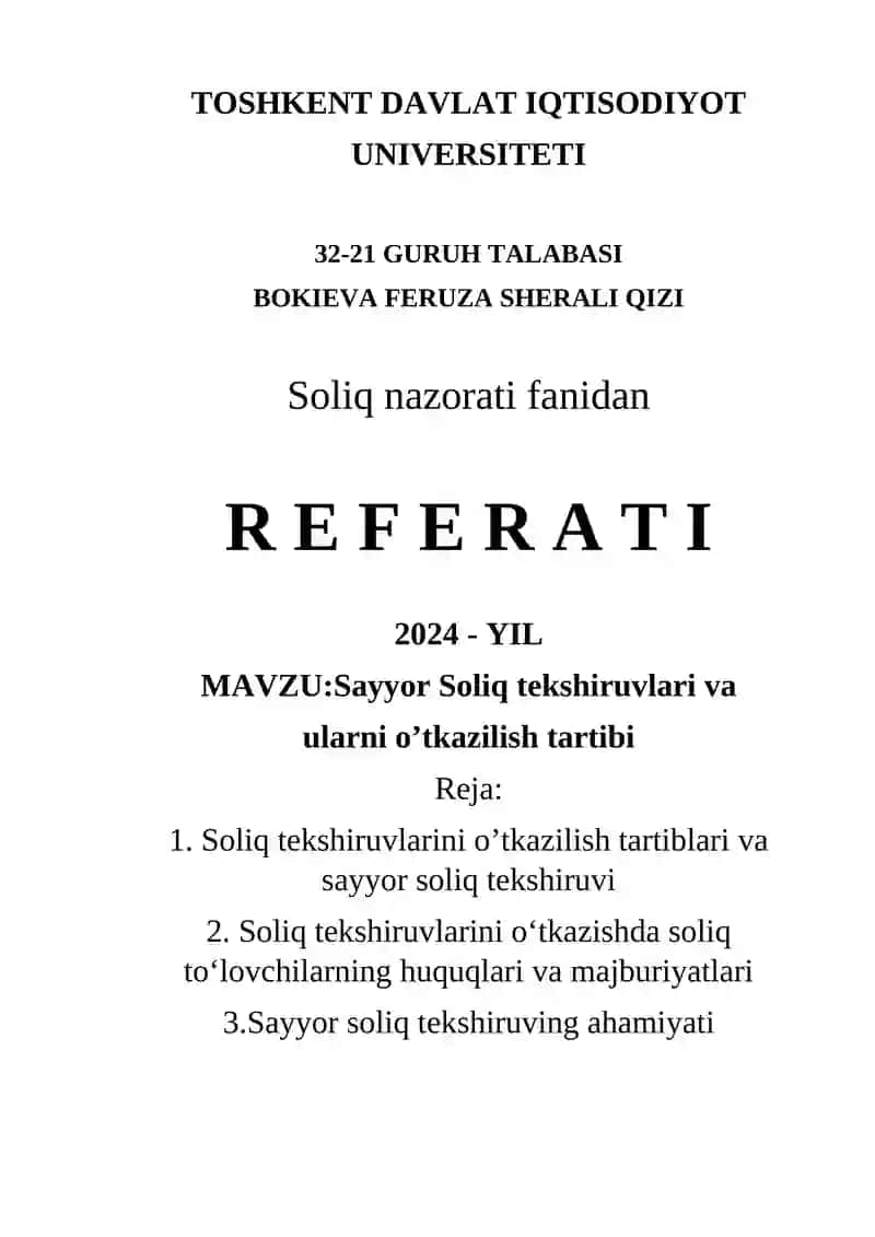 Sayyor Soliq tekshiruvlari va ularni o’tkazilish tartibi