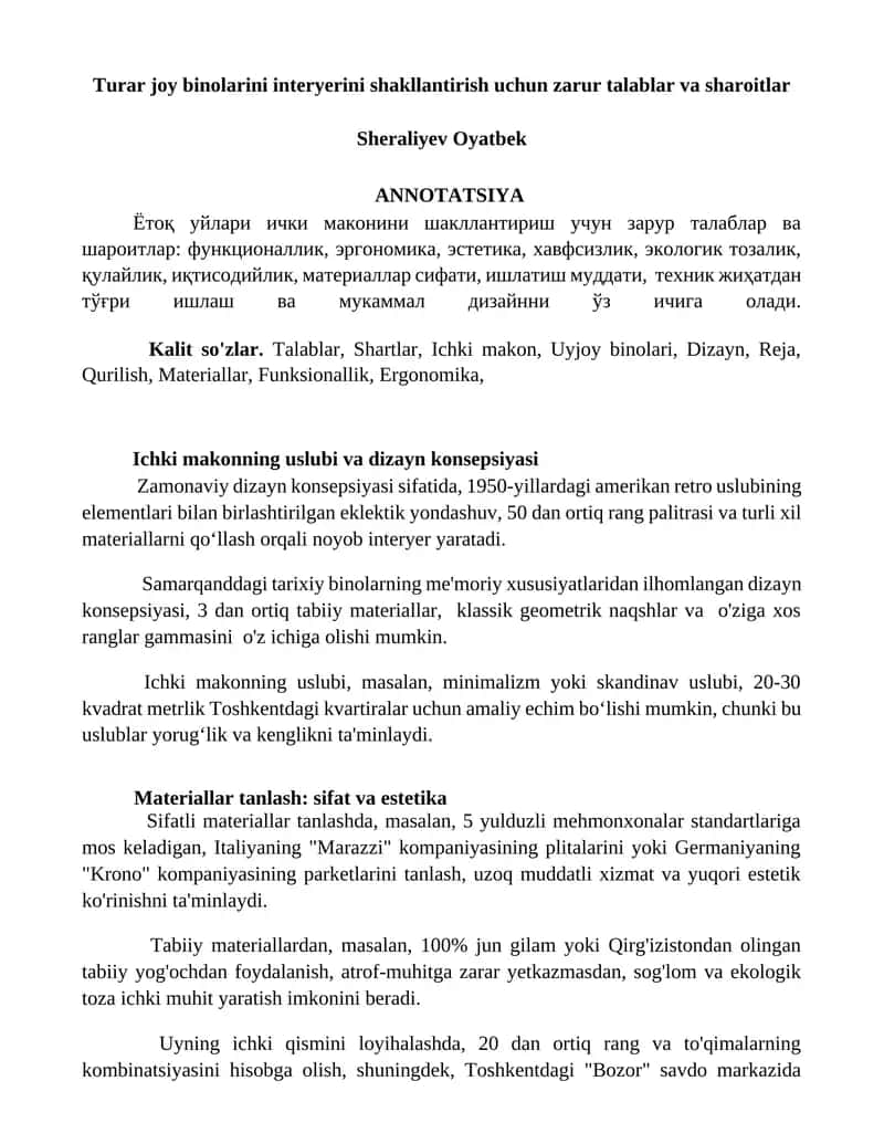 Turar joy binolarini interyerini shakllantirish uchun zarur talablar va sharoitlar 1
