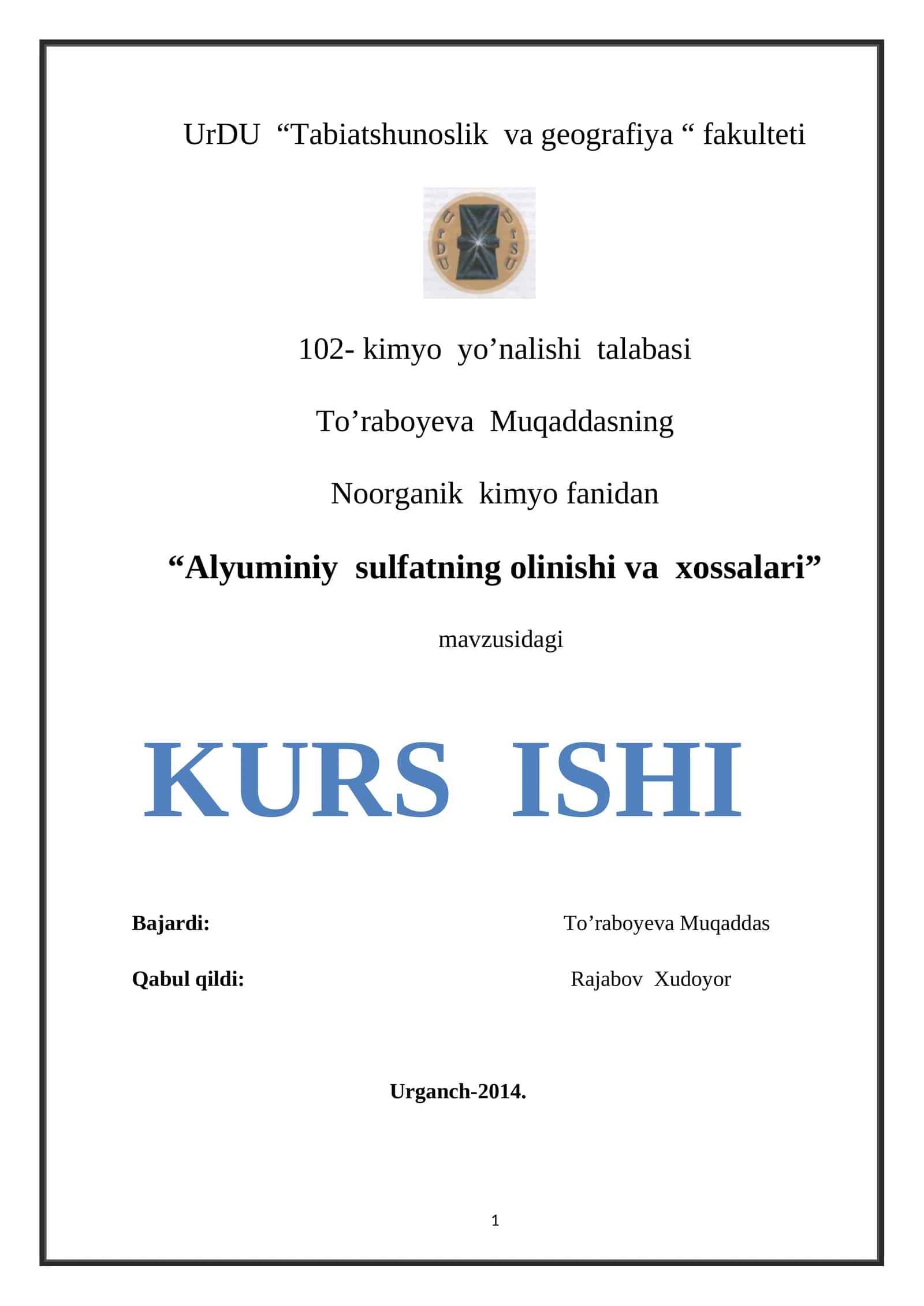 Aluminiy sulfatning olinishi va xossalari 1
