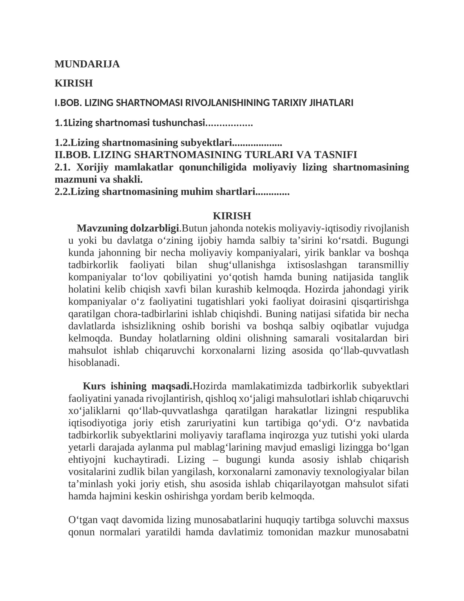 LIZING SHARTNOMASI RIVOJLANISHINING TARIXIY JIHATLARI 1
