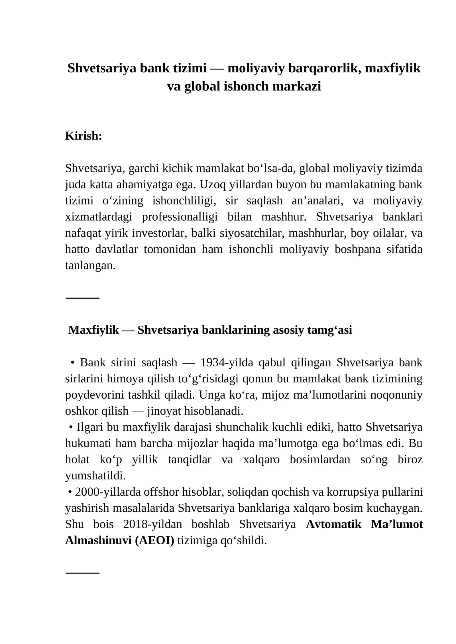 Shvetsariya bank tizimi 1