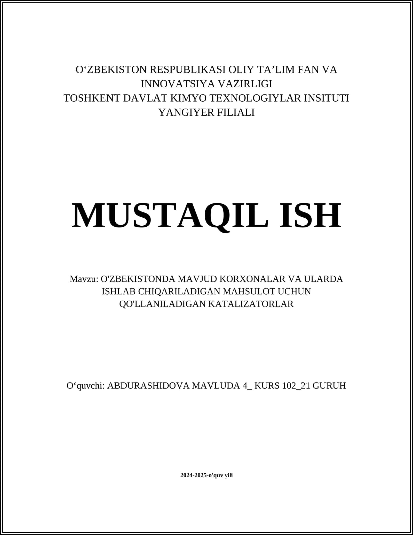 Umumiy kimyo sanoati va katalizatorlar 1