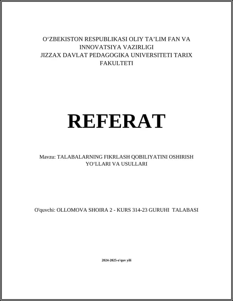 TALABALARNING FIKRLASH QOBILIYATINI OSHIRISH YOʻLLARI VA USULLARI 1