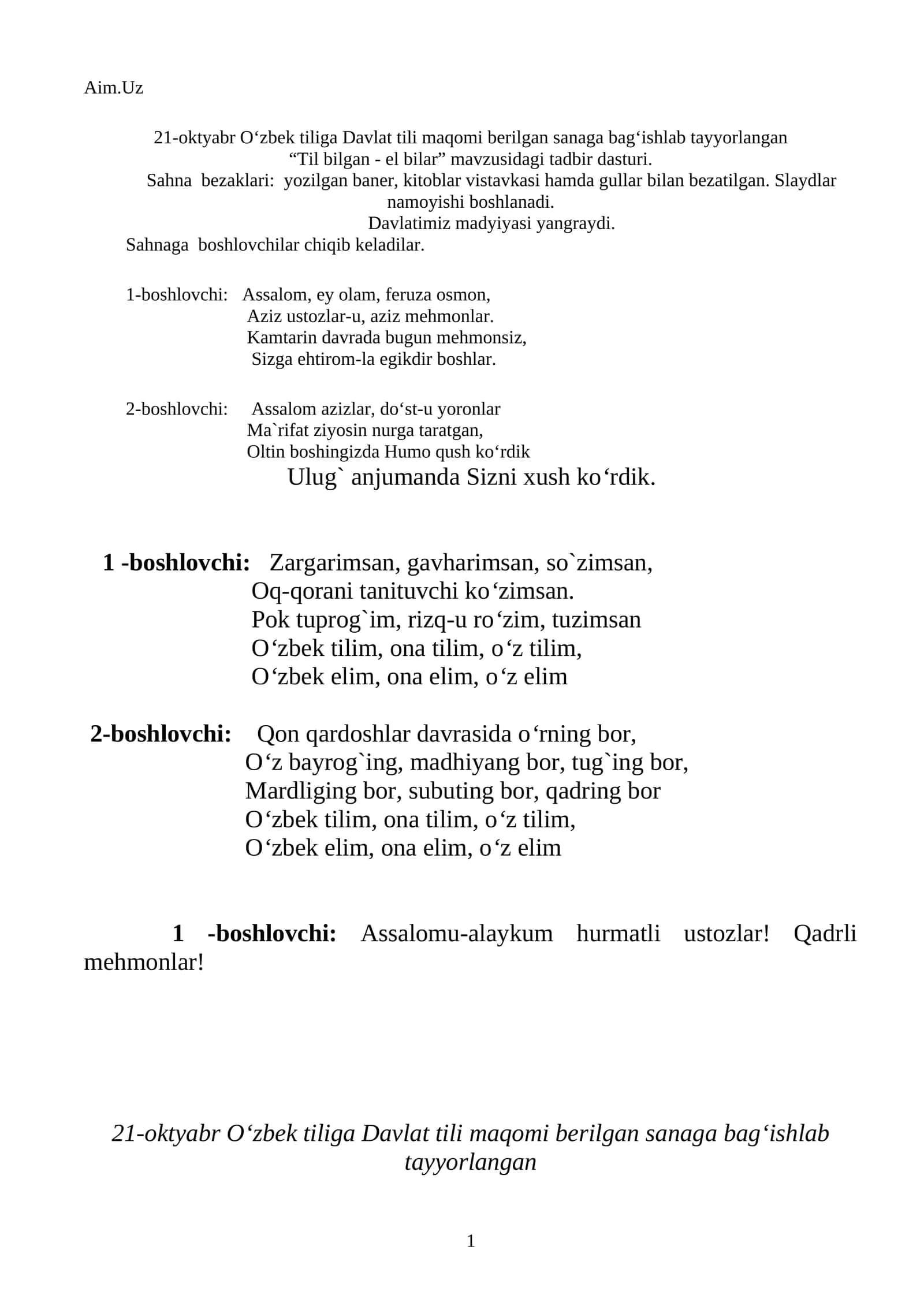“Til bilgan - el bilar” mavzusidagi tadbir dasturi 1