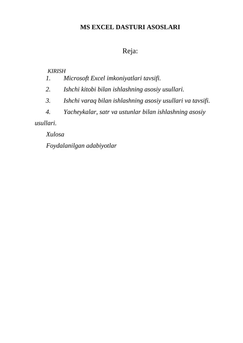 MS EXCEL DASTURI ASOSLARI 1