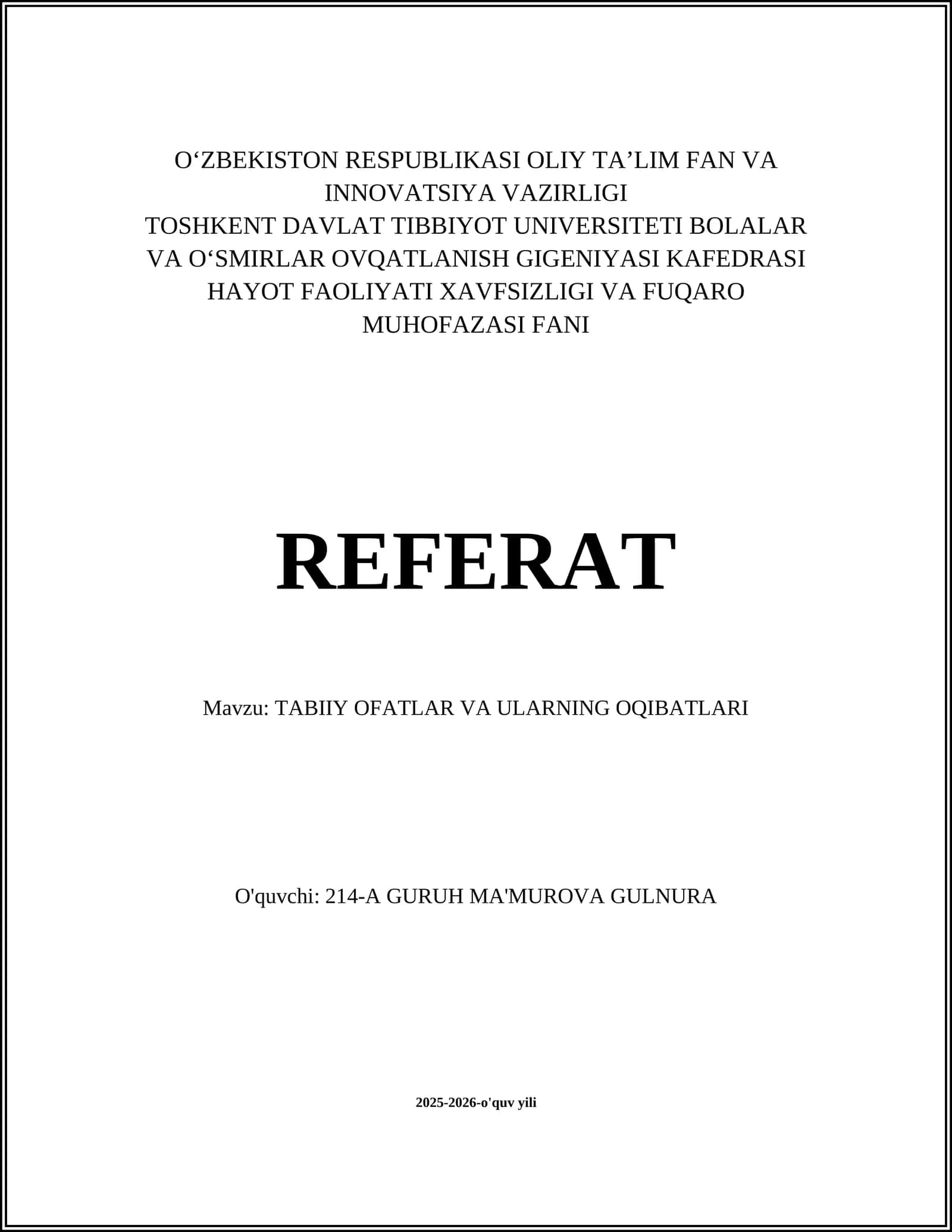 TABIIY OFATLAR VA ULARNING OQIBATLARI 1