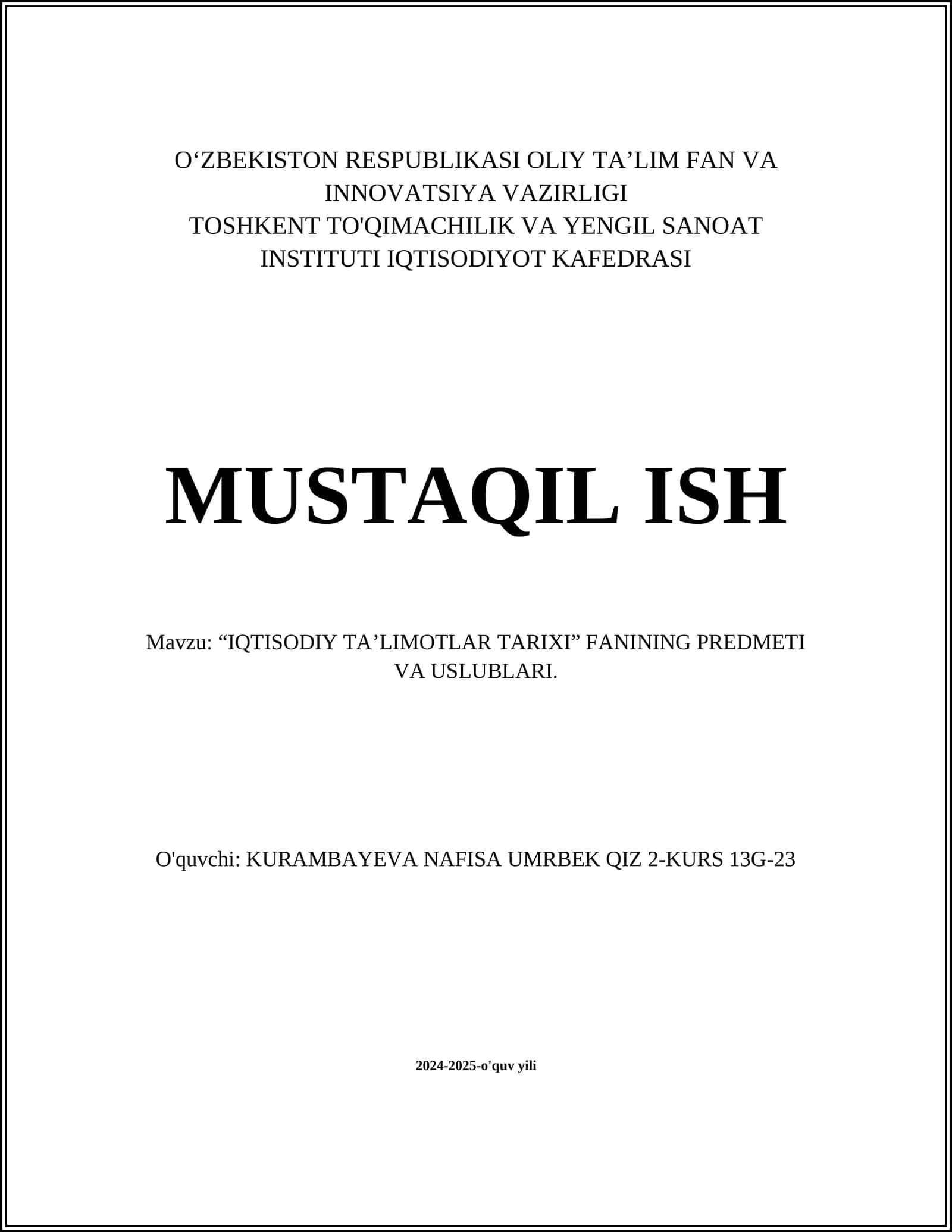 IQTISODIY TA’LIMOTLAR TARIXI 1