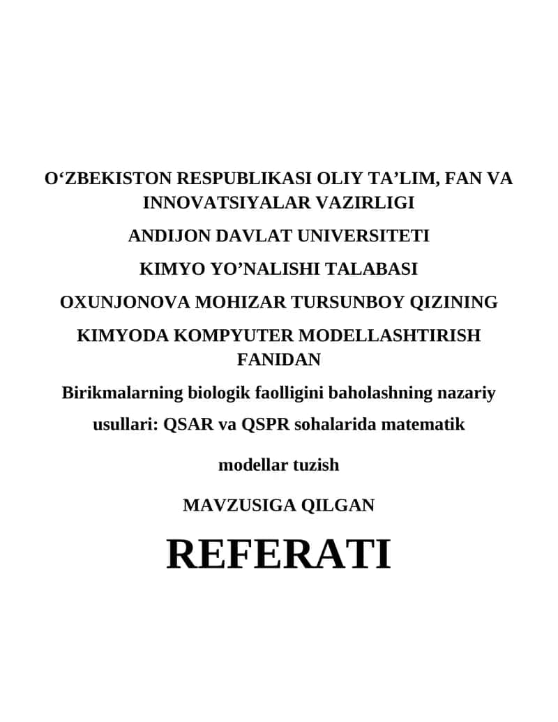 Kimyoda Kompyuter Modellashtirish Fanidan Referati 1