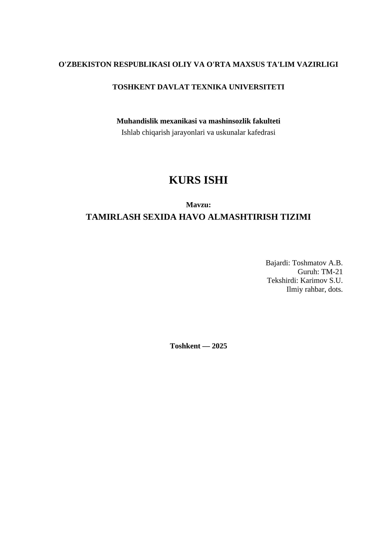 TAMIRLASH SEXIDA HAVO ALMASHTIRISH TIZIMI 1