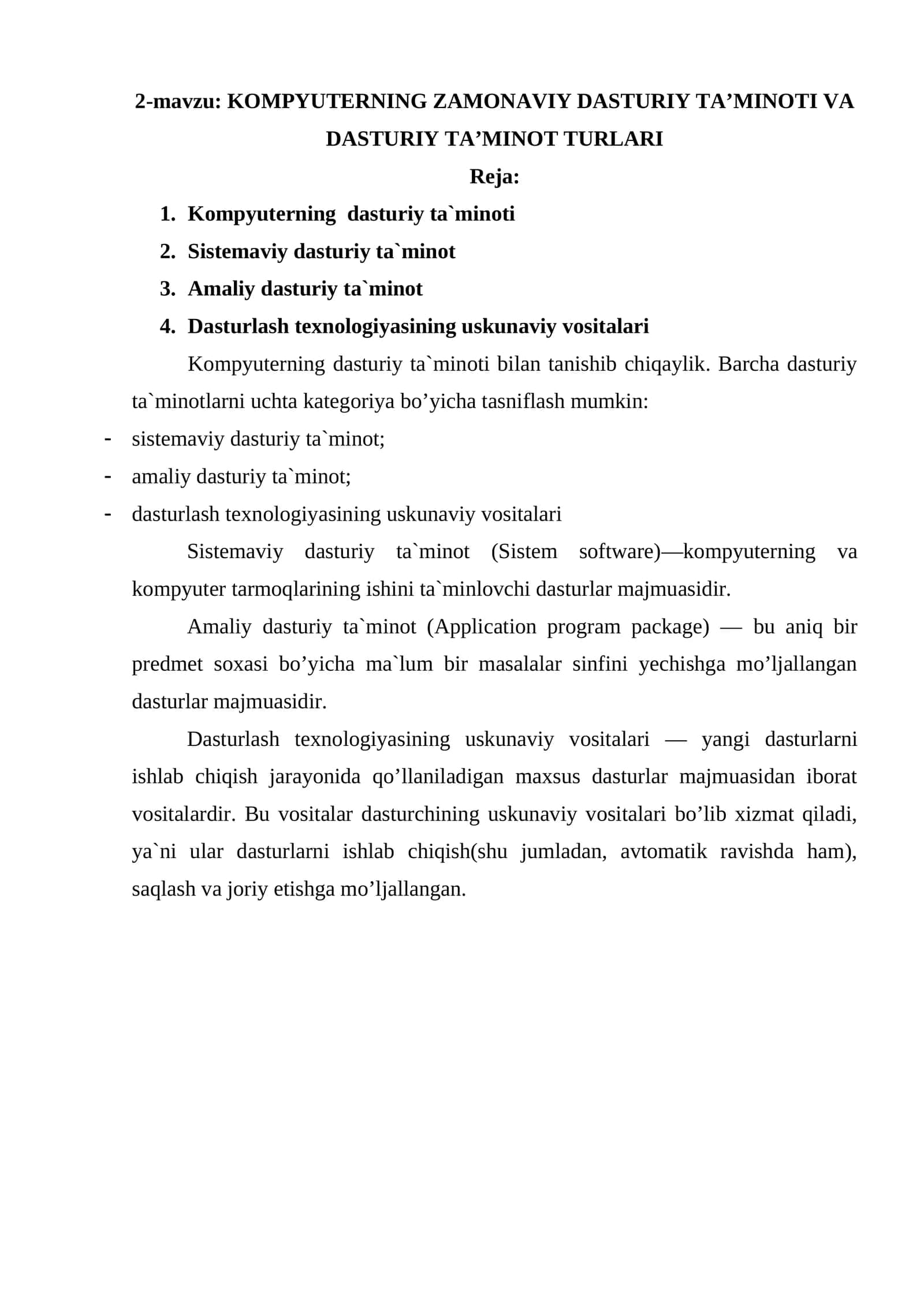 KOMPYUTERNING ZAMONAVIY DASTURIY TA’MINOTI VA DASTURIY TA’MINOT TURLARI 1