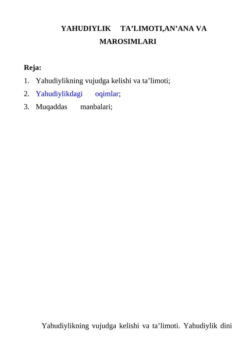 YAHUDIYLIK 	TA’LIMOTI,AN’ANA VA MAROSIMLARI 1